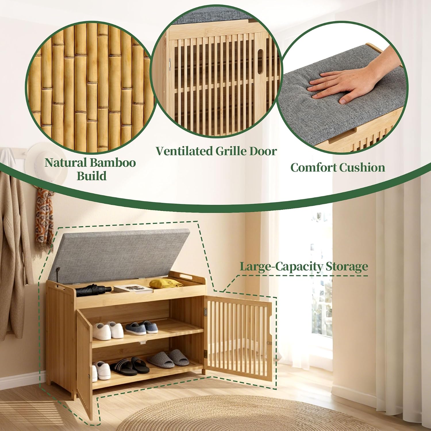 APRTAT Bamboo Shoe Storage Bench with Padded Cushion, 3-Tier Shoe Rack Organizer with 2 Ventilated Grille Doors for Entryway, Bedroom, Bathroom (Nature, Large)