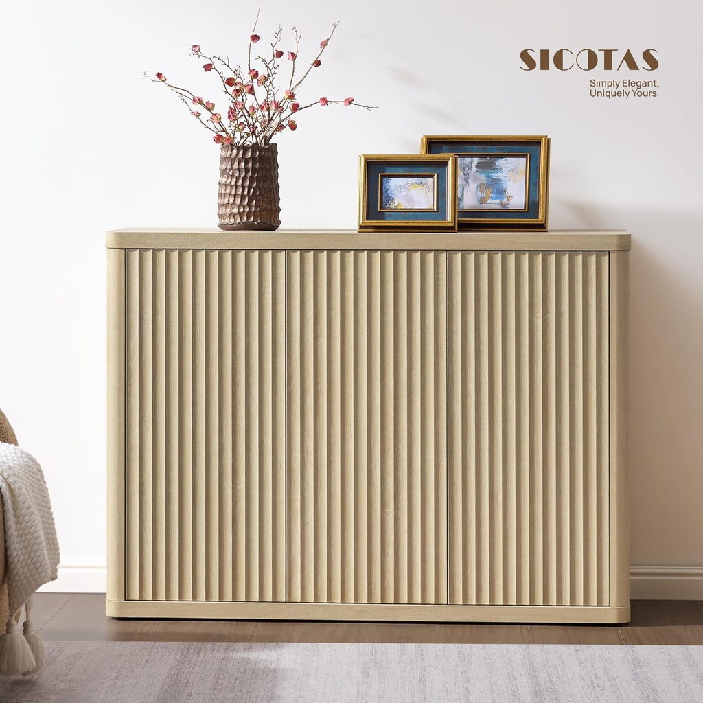 SICOTAS Buffet Cabinet with Storage Accent Sideboard with 3 Doors Modern 46.6" Wide Credenza Fluted Buffet Table Media Console Cabinet Entryway Cabinets for Living Room Kitchen Dining Room Hallway