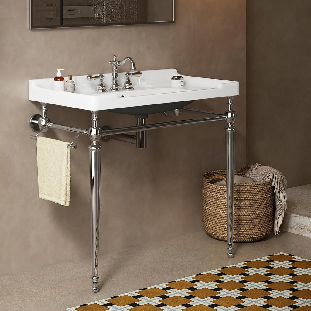 Yayzy 36” Bathroom Vanity with White Ceramic Sink, Wall-Mounted Console Style, Silver-Finish Stainless Steel Legs & Towel Bar, 3 Faucet Holes, No Faucet