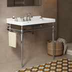 Yayzy 36” Bathroom Vanity with White Ceramic Sink, Wall-Mounted Console Style, Silver-Finish Stainless Steel Legs & Towel Bar, 3 Faucet Holes, No Faucet
