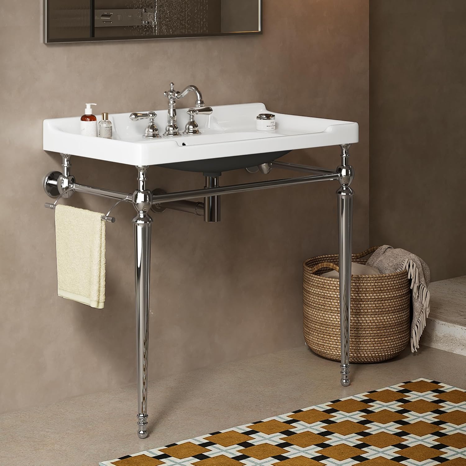 Yayzy 36” Bathroom Vanity with White Ceramic Sink, Wall-Mounted Console Style, Silver-Finish Stainless Steel Legs & Towel Bar, 3 Faucet Holes, No Faucet