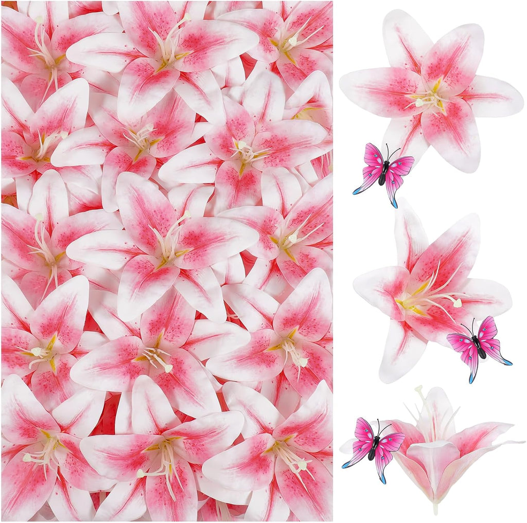 32 Pack Large Artificial Lilies Flower Heads with Realistic Stamens 5.5" Faux Fake Lily Silk Flower Heads Bulk with Butterfly for DIY Crafts Cake Wedding Bridal Wreaths Table Home Party Decoration