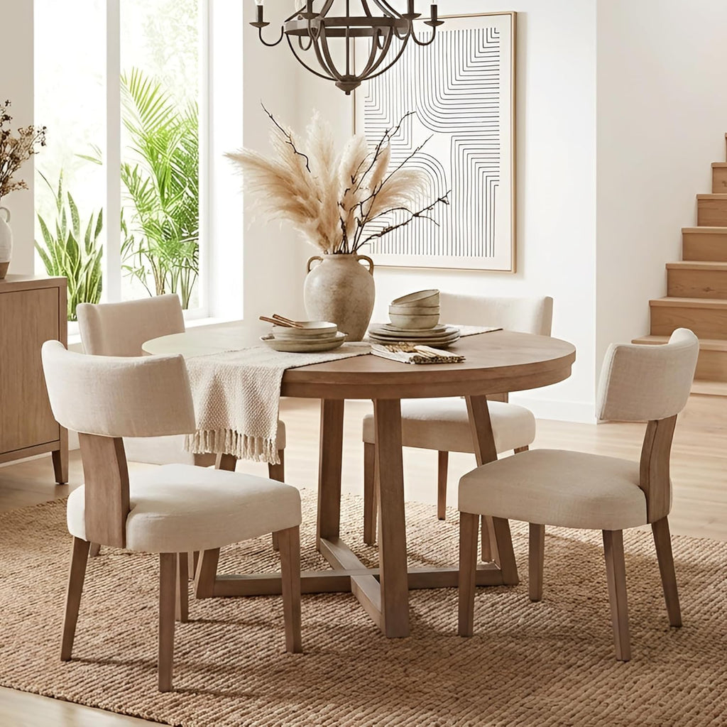 HNY Mid Century Modern Dining Chairs Set of 4, Upholstered Linen Kitchen & Dining Room Chairs with Ergonomic Curved Backrest, Solid Wood Legs, Farmhouse Accent Chair for Home, Apartment, Beige