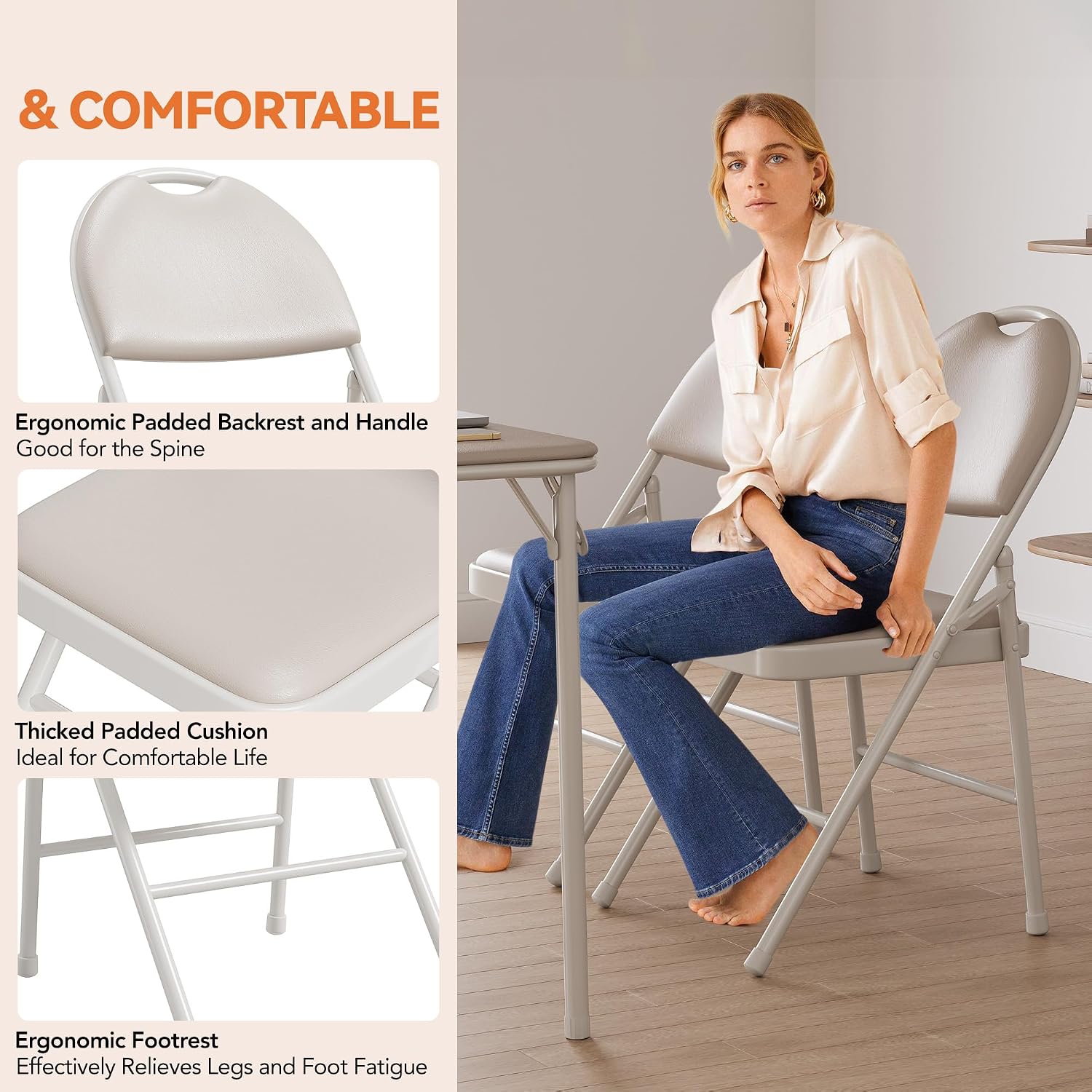 GAOMON 4 Pack Folding Card Chairs, Thickened Padded PU Cushion, Metal Legs and Non-Slip Feet Pads, Portable Stackable Commercial Seat for Events, Office, Wedding, Party, Beige
