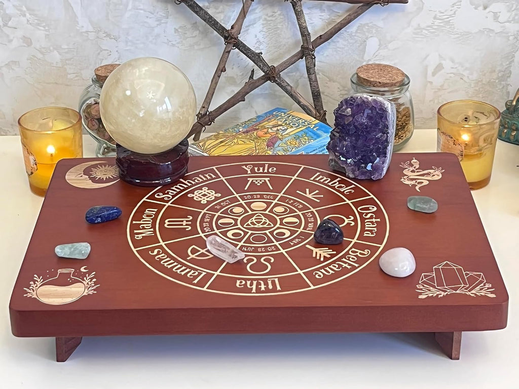 Altar Table, Meditation Table, Small Altar Table, Wooden Witch Altar, Wiccan Alter Table, Buddhist Shrine, Engraved Wheel of The Year on Table Top, 12 × 8 inches