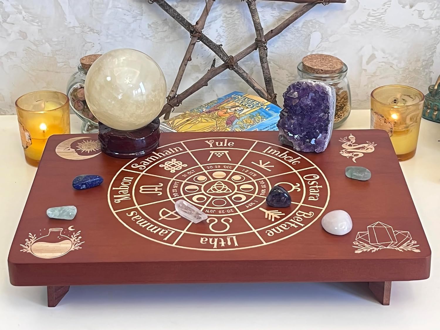Altar Table, Meditation Table, Small Altar Table, Wooden Witch Altar, Wiccan Alter Table, Buddhist Shrine, Engraved Wheel of The Year on Table Top, 12 × 8 inches