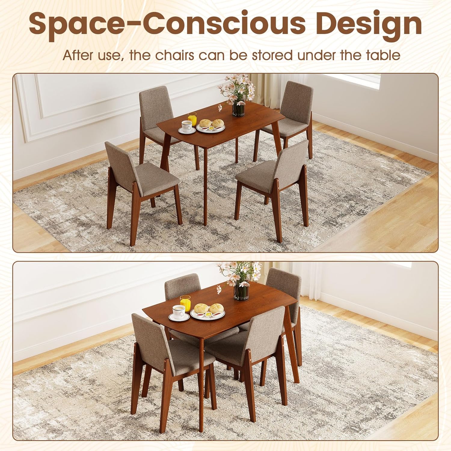 Giantex Dining Table Set for 4, Rectangular Kitchen Table and Chairs Set w/Rubber Wood Frame, Padded Seats & Backrests, Space-saving Dinette Set for Small Space, Apartment, Dining Room, Breakfast Nook