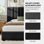 Welzona Queen Upholstered Bed Frame with Headboard, Velvet Upholstered Metal Platform Bed with Vertical Channel Tufted Headboard, 3-Level Height, Metal Slat Support, Noise-Free Easy Assembly, Black