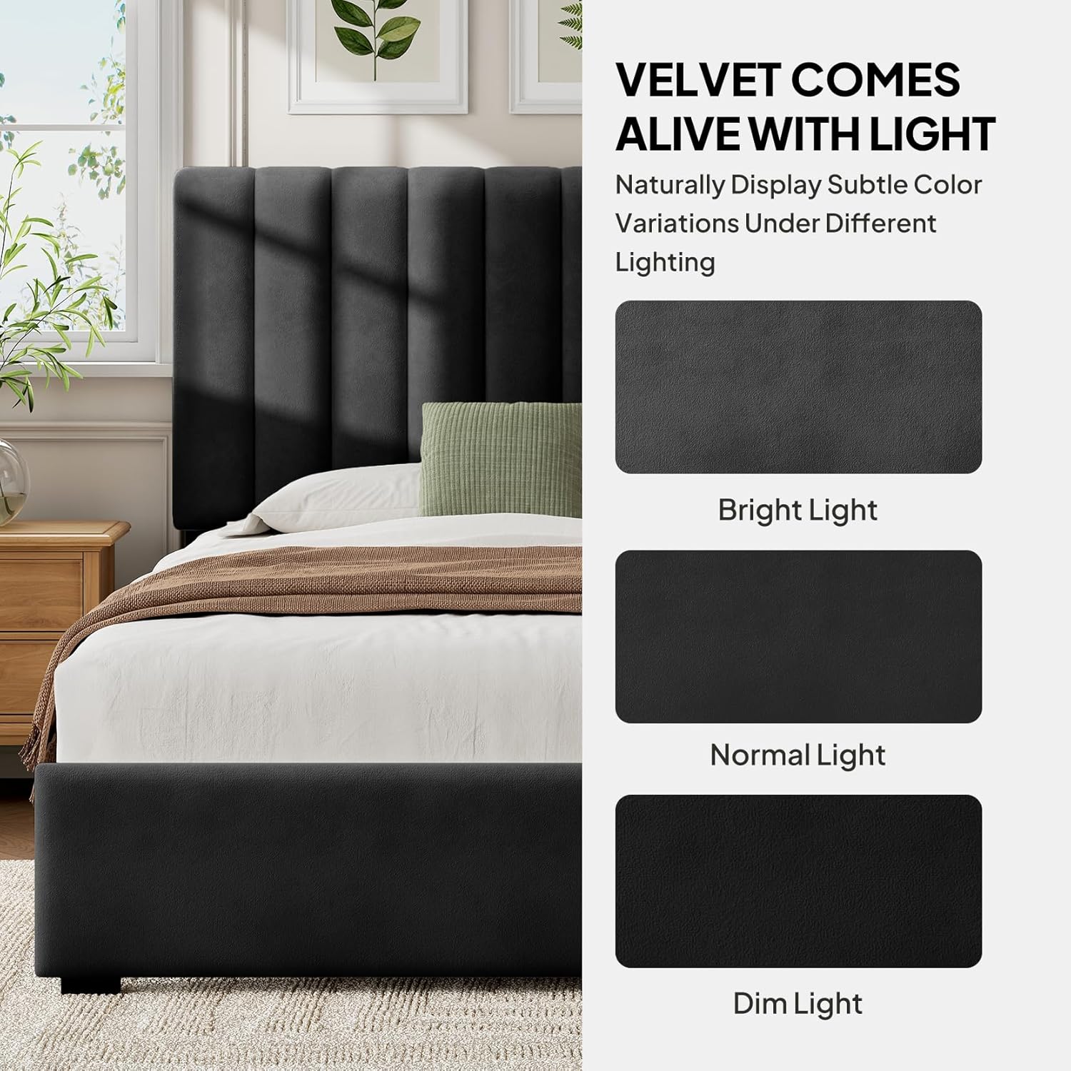 Welzona Queen Upholstered Bed Frame with Headboard, Velvet Upholstered Metal Platform Bed with Vertical Channel Tufted Headboard, 3-Level Height, Metal Slat Support, Noise-Free Easy Assembly, Black