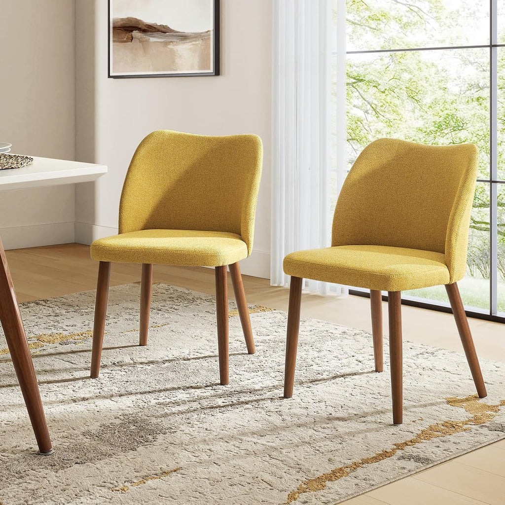 Dining Chairs Set of 2, Upholstered Kitchen Dining Room Chair Set Morden Accent Side Dinner Chair with Curved Padded Back Wood Legs for Restaurant/Cafe, Mustard