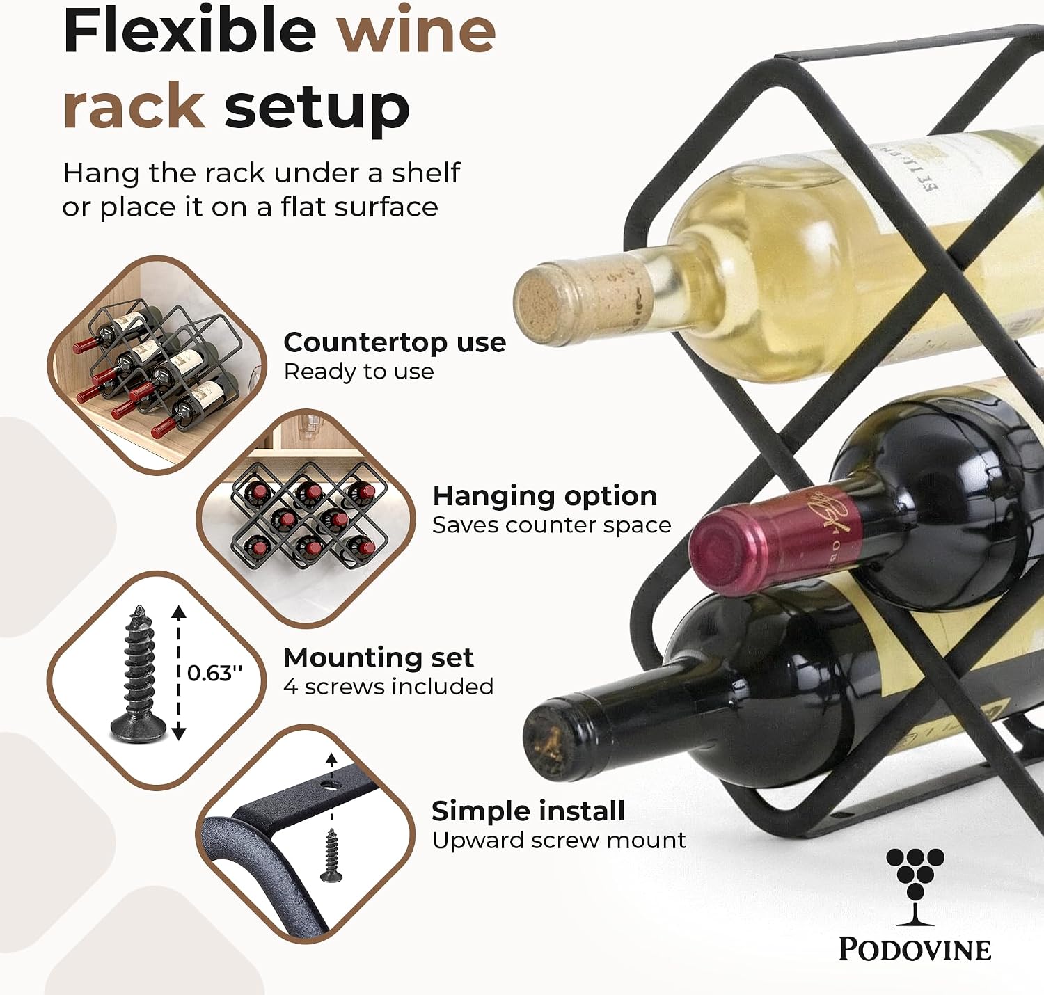 Metal Wine Rack – Matte Black Carbon Steel, 10-Bottle Countertop & Hangable Wine Holder, Modern Geometric Design, Rustproof, Under-Cabinet Display, No Assembly Needed for Countertop Use