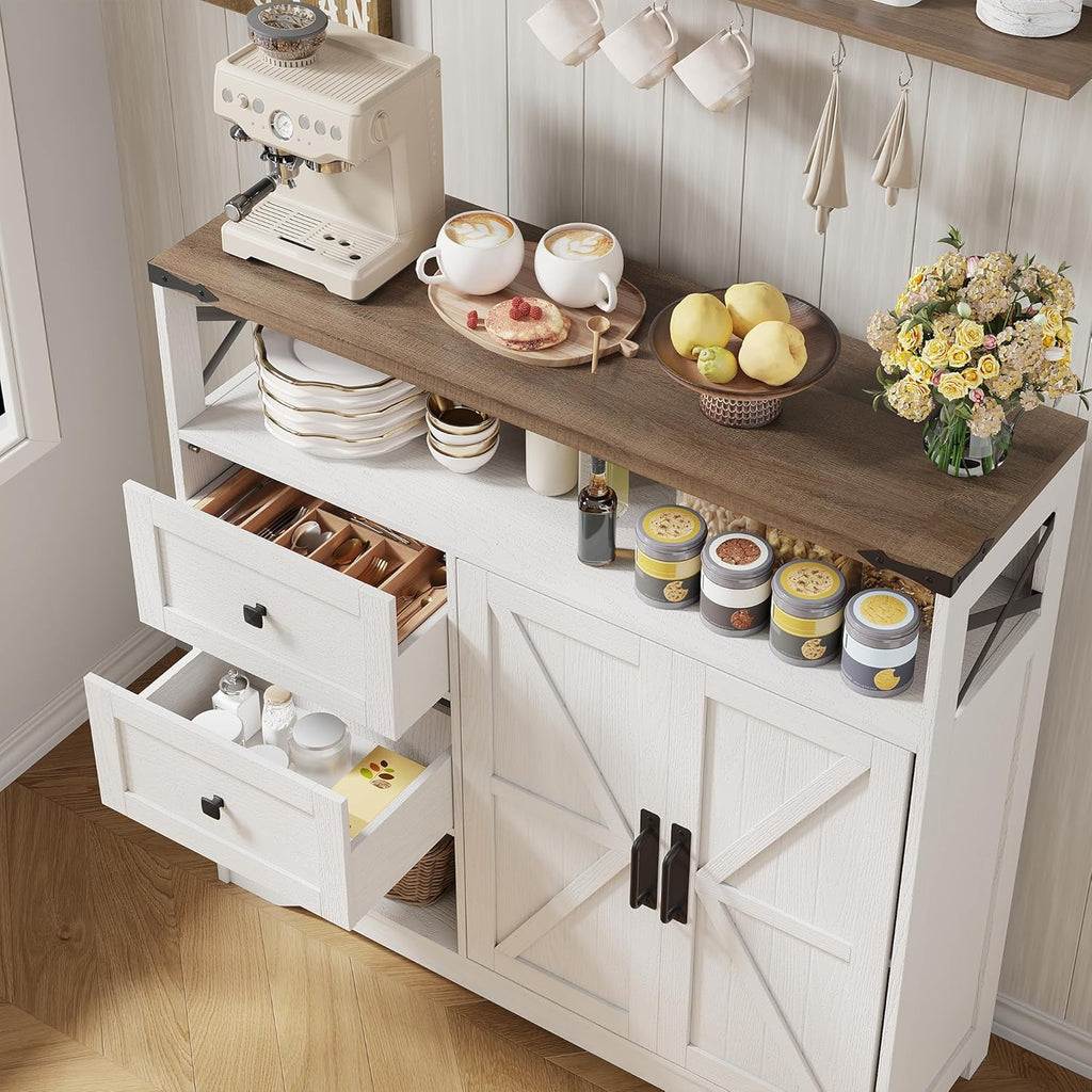 Vabches Farmhouse Buffet Sideboard Cabinet with Drawers and Open Shelf, 38.5" Storage Cabinet with Adjustable Shelves and Door, Modern Coffee Bar Hutch Pantry for Kitchen, Living Room, Entryway, White