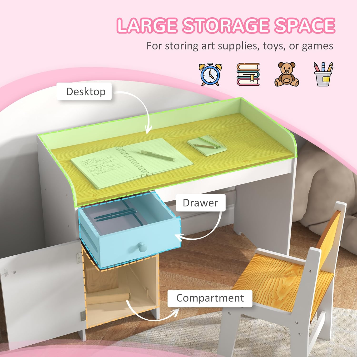 Qaba Kids Desk and Chair Set with Storage Drawer, Study Desk with Chair for Children for Arts & Crafts, Snack Time, Homeschooling, Homework, White