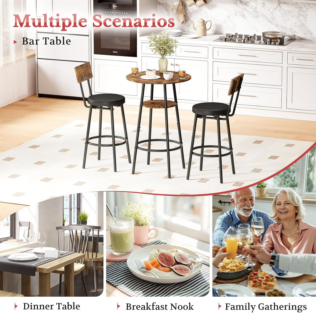 Kiivakii 3 Pieces Round Bar Table and Chairs Set, Breakfast Table, Kitchen Bar Table Set with 2 Ergonomic Cushion Bar Stools & Backrest, Hidden Storage Rack for Dining Room, Pub & Small Space, Brown