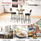Kiivakii 3 Pieces Round Bar Table and Chairs Set, Breakfast Table, Kitchen Bar Table Set with 2 Ergonomic Cushion Bar Stools & Backrest, Hidden Storage Rack for Dining Room, Pub & Small Space, Brown
