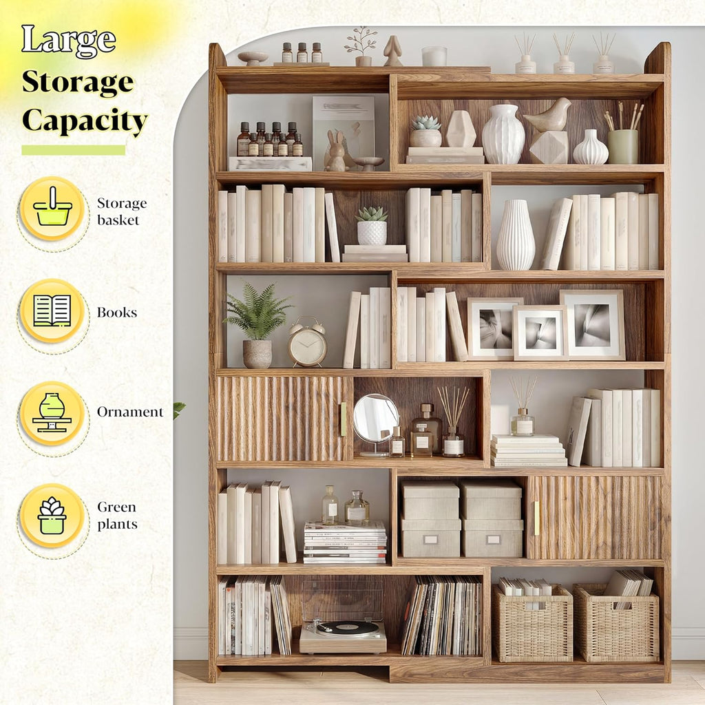 DurayLoly 75" Tall Corner Bookshelf, 7 Tiers Wood Bookcase with 2 Enclosed Storage Cabinet, Adjustable Corner Cabinet for Living Room, Home Office, Bedroom, Kitchen, Brown