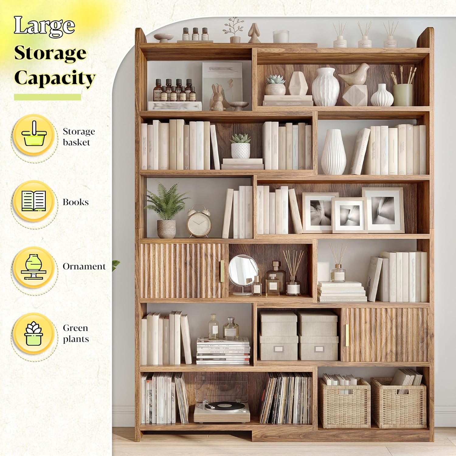 DurayLoly 75" Tall Corner Bookshelf, 7 Tiers Wood Bookcase with 2 Enclosed Storage Cabinet, Adjustable Corner Cabinet for Living Room, Home Office, Bedroom, Kitchen, Brown