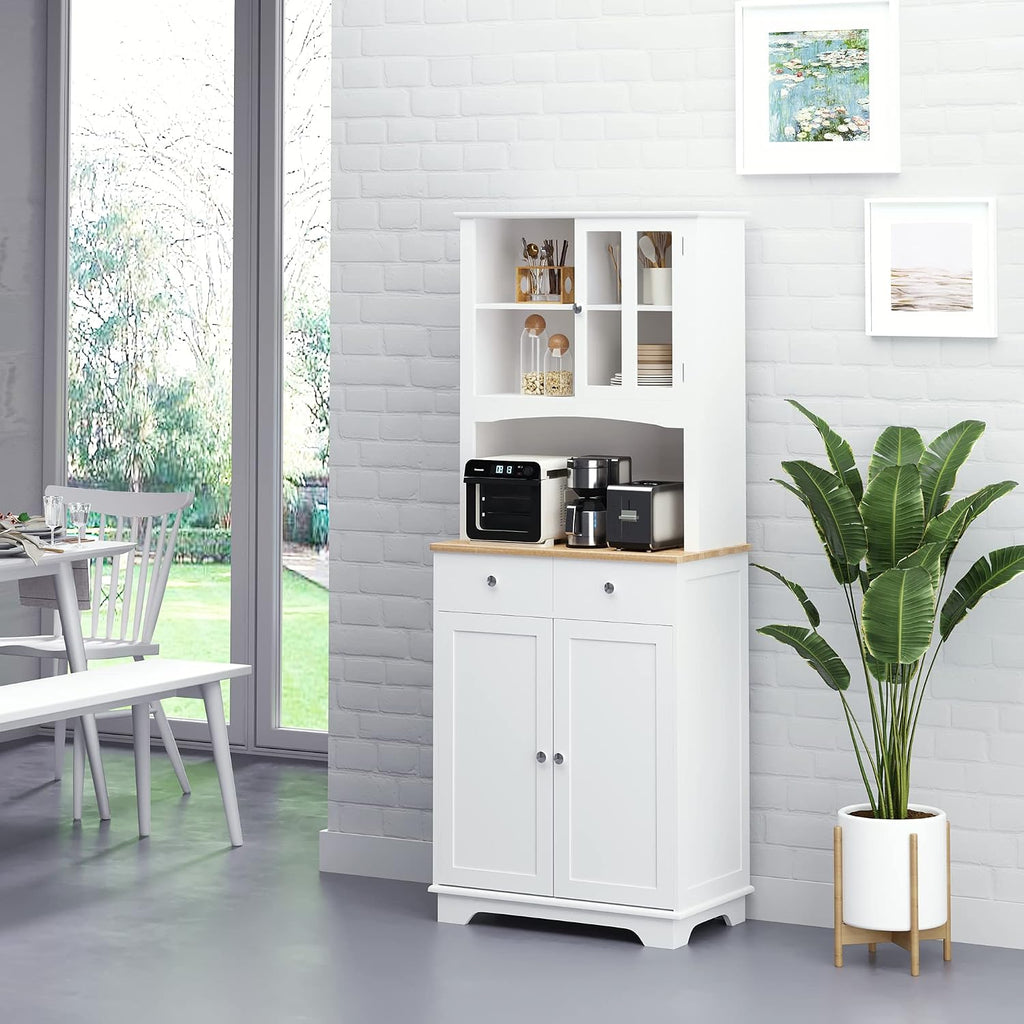 Freestanding 67" Kitchen Buffet with Hutch, Pantry Cabinet with Microwave Stand, Adjustable Shelf, 2 Drawers, Cupboard, White,15.5 * 26.8 * 67