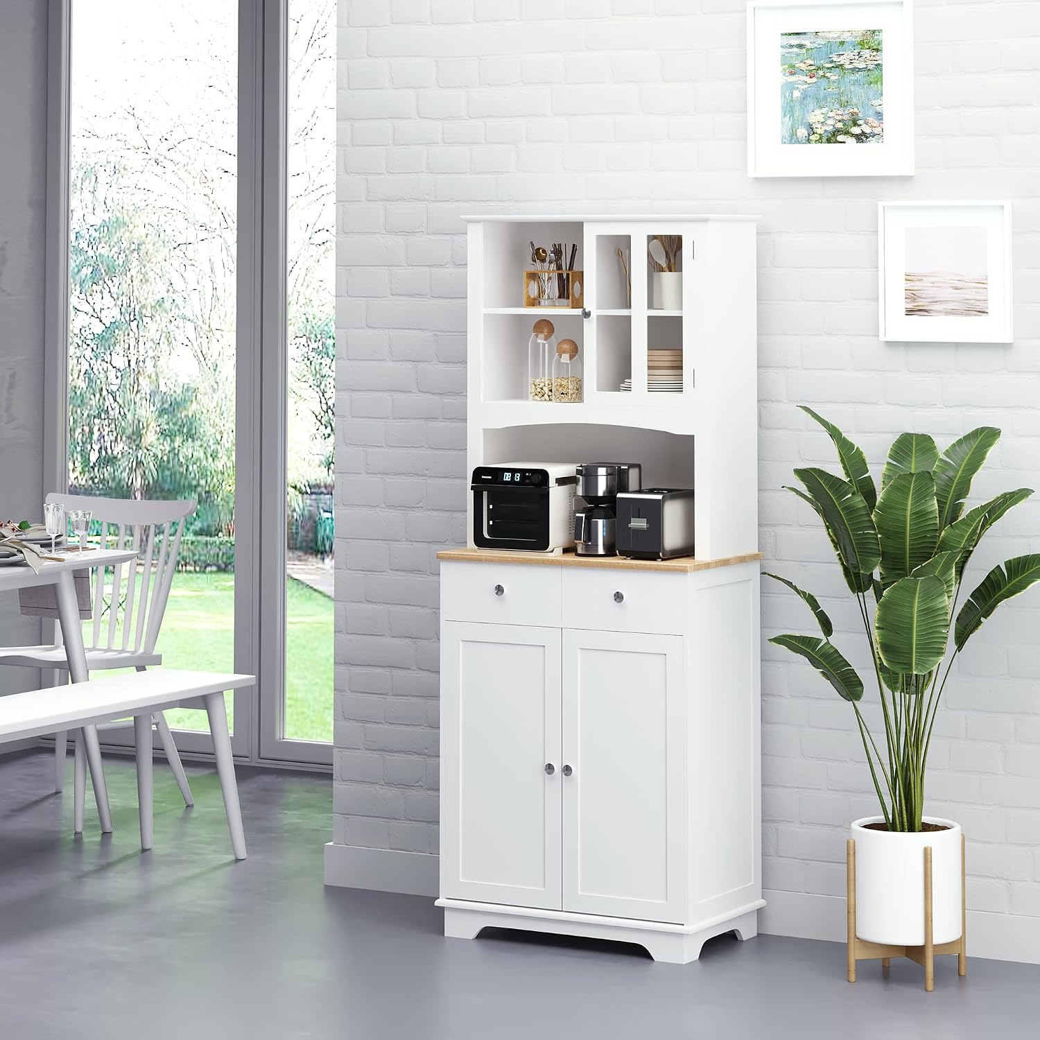 Freestanding 67" Kitchen Buffet with Hutch, Pantry Cabinet with Microwave Stand, Adjustable Shelf, 2 Drawers, Cupboard, White,15.5 * 26.8 * 67
