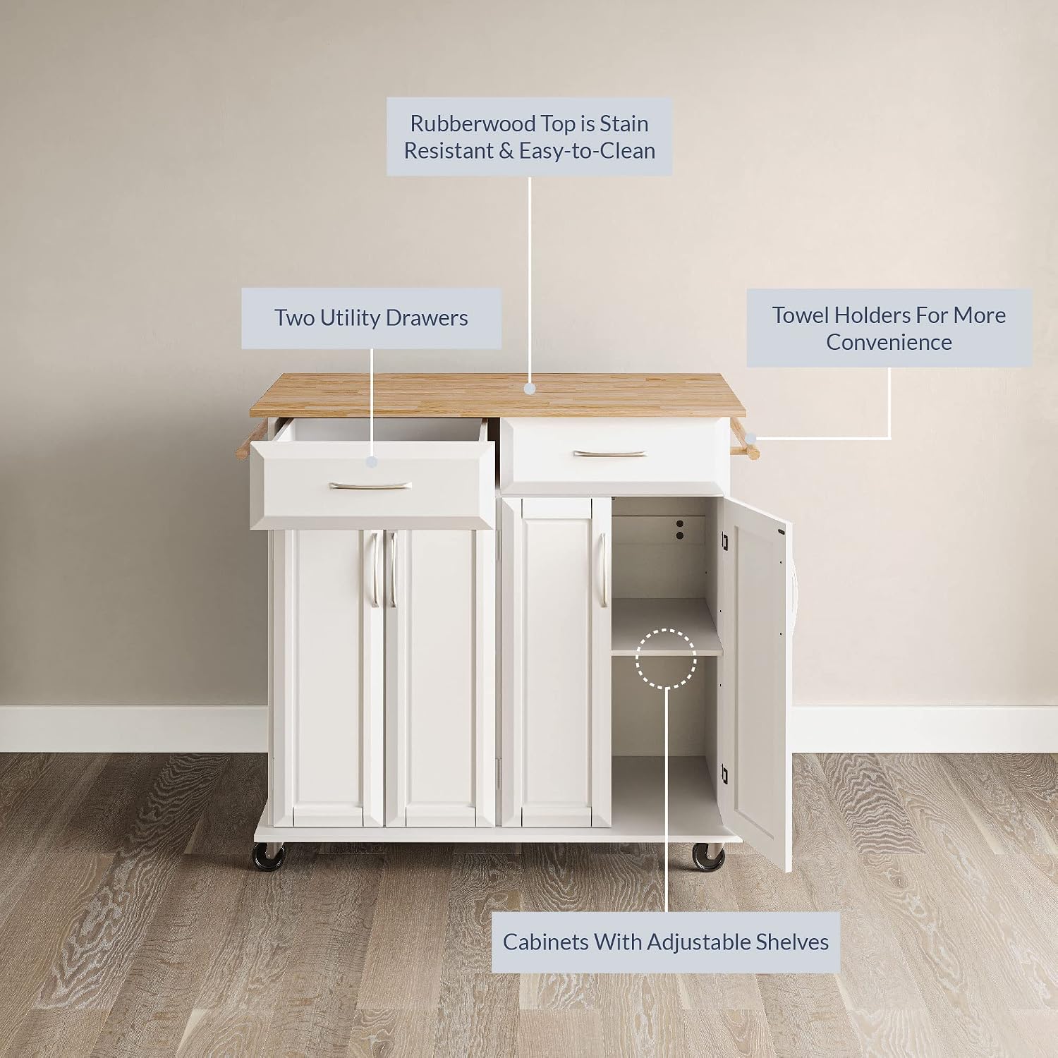 BELLEZE Rolling Kitchen Island Cart on Wheels with Storage Cabinet, Mobile Kitchen Cart Island Table with 2 Drawers Towel Racks Rubber Wood Top Coffee Bar for Dinning Room, 41.7”Lx18.5”Wx37”H, White
