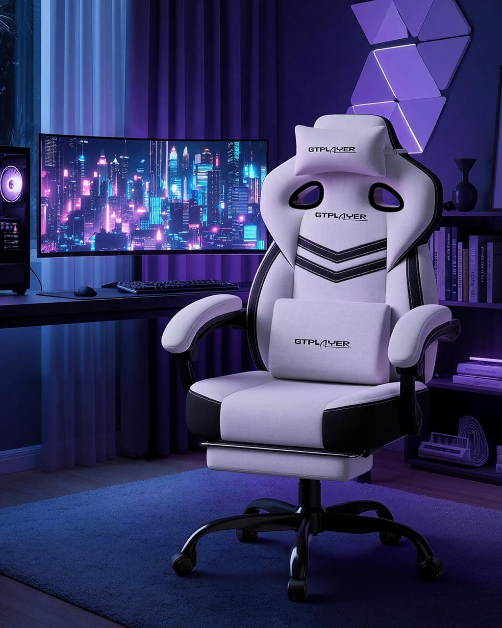 GTPLAYER Gaming Chair for Adults- Ergonomic Big & Tall Gaming Seat with Footrest & Lumbar Support, Fabric Comfortable Computer Office Chair 90-155° Reclining - Heavy Duty Wide Seat, Bright Grey