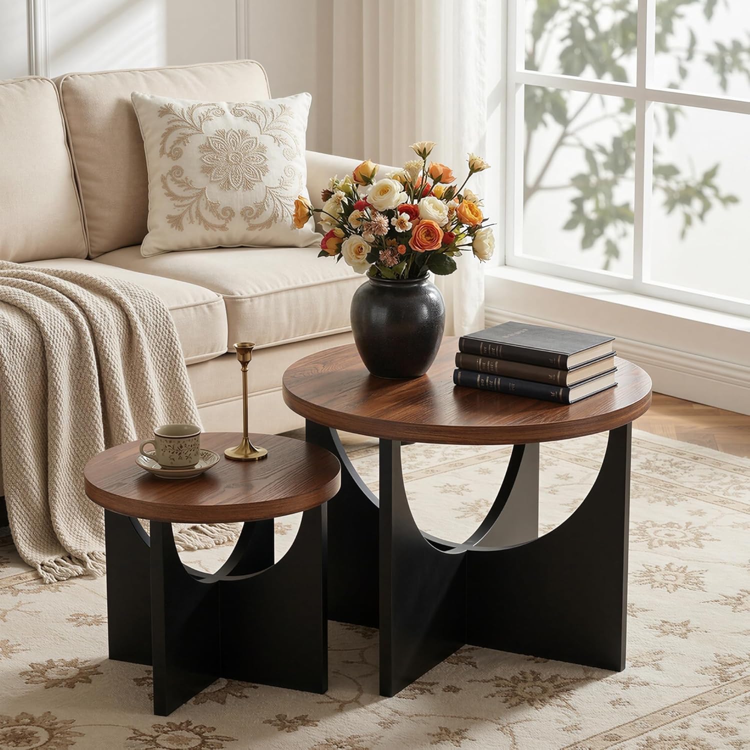 LIKIMIO Nesting Coffee Tables Set of 2, 23.6" Small Round Side Tables for Living Room, Wooden End Table, Walnut