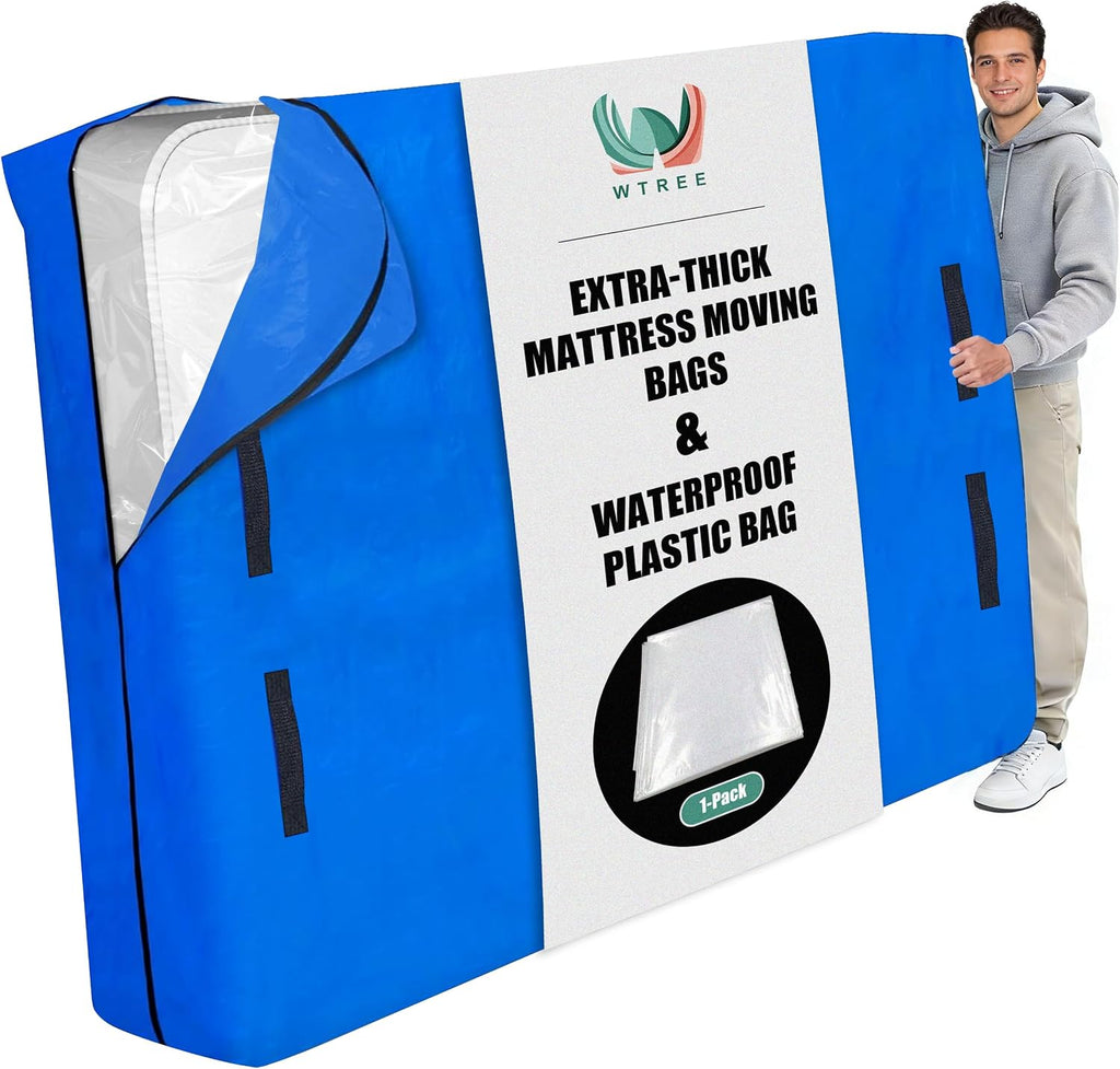 WTREE Double Shield Mattress Bag for Moving and Storage, 8 Reinforced Handles Mattress Cover with Internal Clear Mattress Protector, 170GSM Heavy Duty Tarp Mattress Mover Tool, Queen