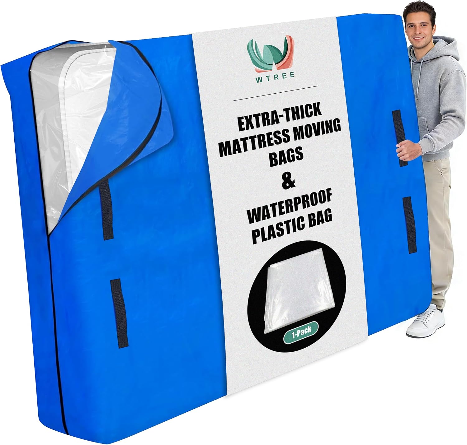 WTREE Double Shield Mattress Bag for Moving and Storage, 8 Reinforced Handles Mattress Cover with Internal Clear Mattress Protector, 170GSM Heavy Duty Tarp Mattress Mover Tool, Queen