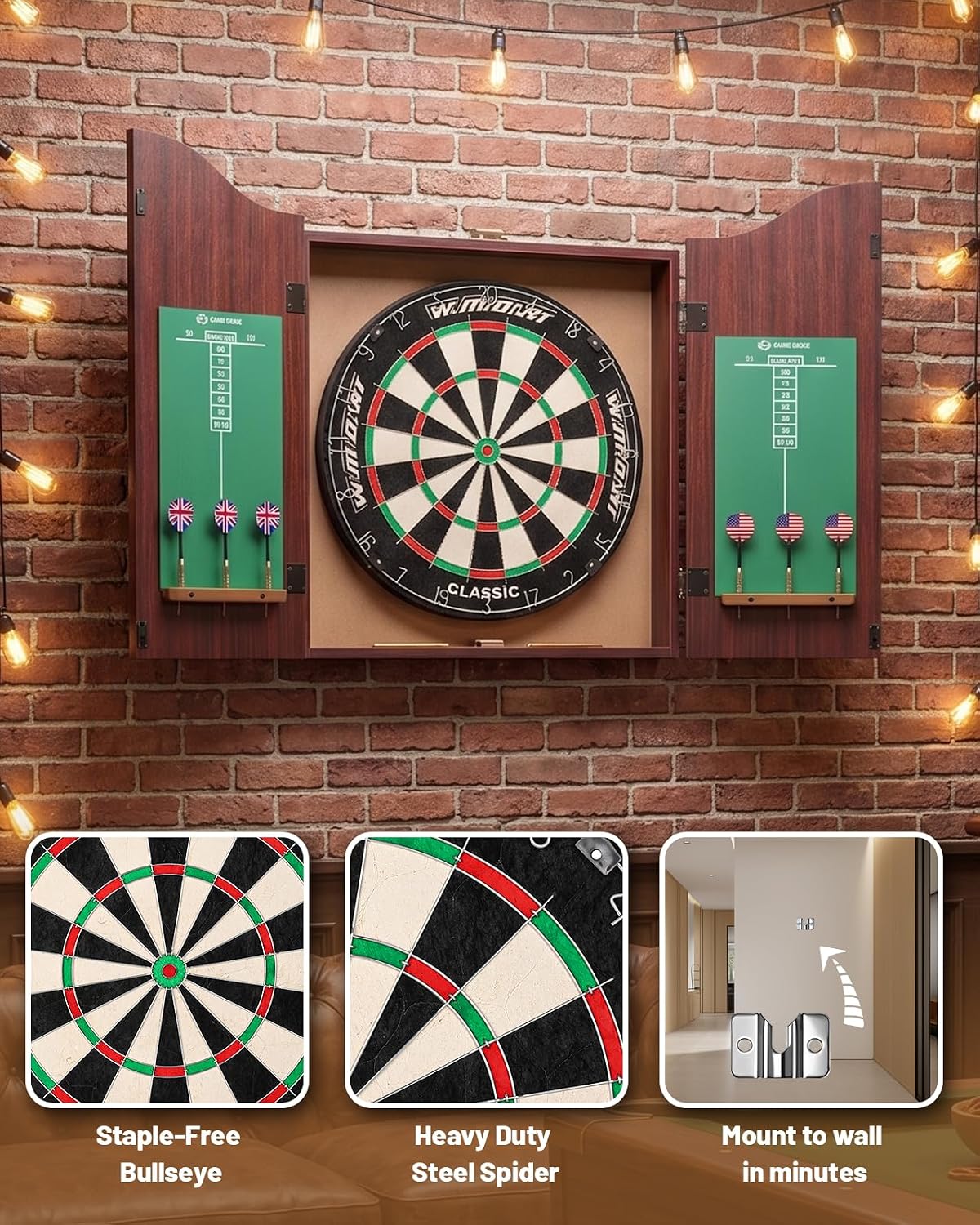 Dartboard Cabinet Set, Dart Boards for Adults with 6 Darts, Regulation Size | Self‑Healing Fibers, Rotating Number Ring, Chalkboard Scoring for Game Room Man Cave and Home Bar, Brown