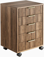 5 Drawer Chest, Under Desk Storage Wood Drawers with Wheels, Fluted File Cabinet for Home Office, Black Walnut