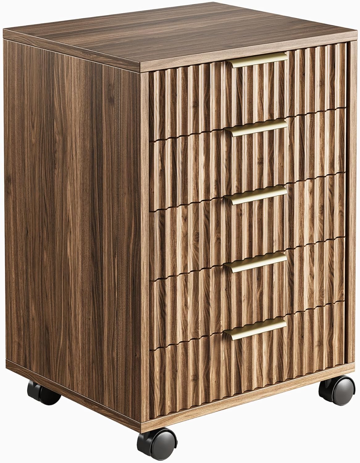 5 Drawer Chest, Under Desk Storage Wood Drawers with Wheels, Fluted File Cabinet for Home Office, Black Walnut