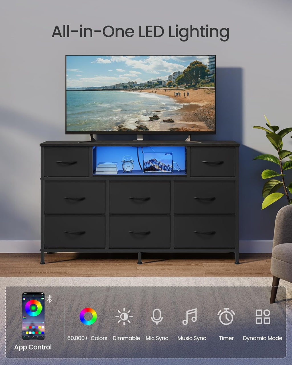SONGMICS BELLAH Collection - Dresser for Bedroom with Outlets and LED Lights, TV Stand for TVs Up to 55 Inches, Chest of Drawers, 8 Drawers, Steel, Industrial, Modern, Ink Black ULGS433BH02S