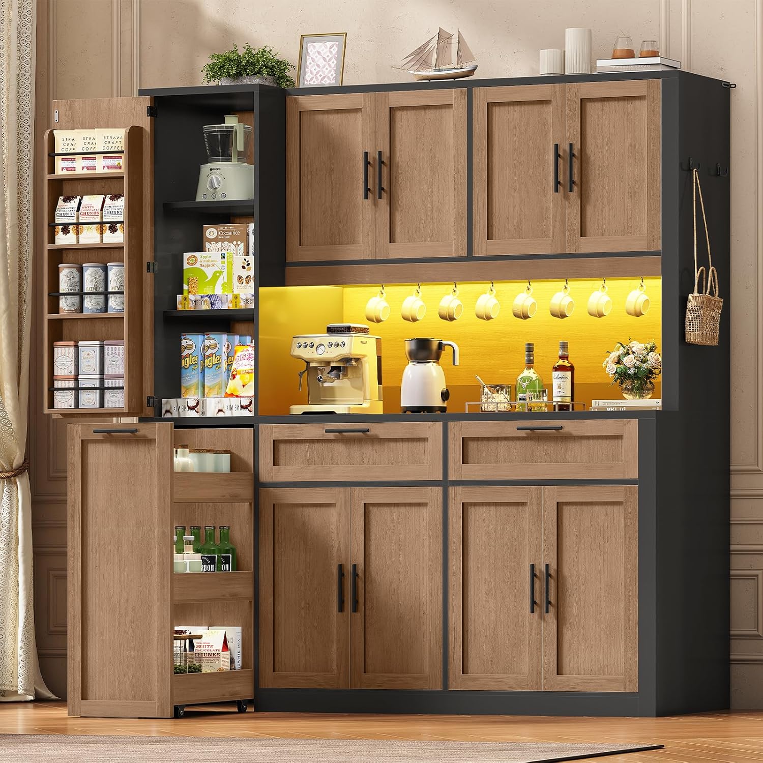 Itaar 71" Kitchen Pantry Cabinet with Charging Station and Led Light, Kitchen Storage Cabinets with Microwave Stand, 59" Wide Pantry Storage Cabinet with Storage Cart 3 Tier for Dining Room, Brown