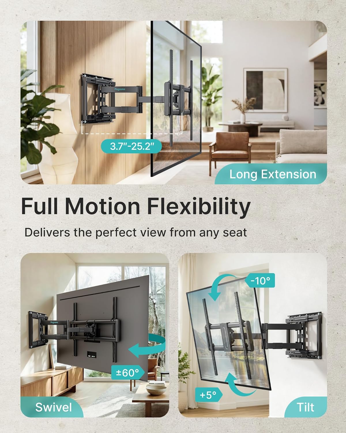 Pegzone Full Motion TV Wall Mount for 43-100 Inch TVs up to 176lbs, 25.2" Extension, Swivel Heavy Duty TV Bracket, Sliding Dual Arms for Off-Center Studs, Fits 16"/ 18" /24" Wood Studs, VESA 800x600