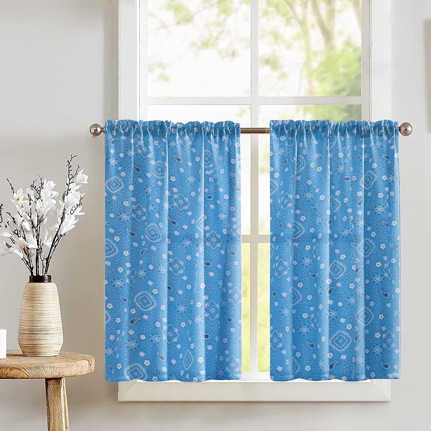Zen Creative Designs Floral Bandana Print Cafe Curtain Tier Window Valance 2 Piece Set Home Décor Bedroom Nursery Kitchen Window (Turquoise)