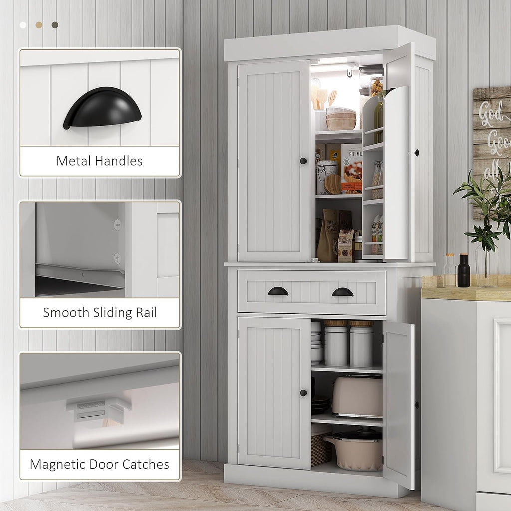 71" Kitchen Pantry Cabinet with Motion Sensor Light, Tall Storage Cabinet with 6 Door Shelves, a Drawer & 4 Adjustable Shelves, for Living Room, Dining Room, White,15.7 * 30.1 * 71.3