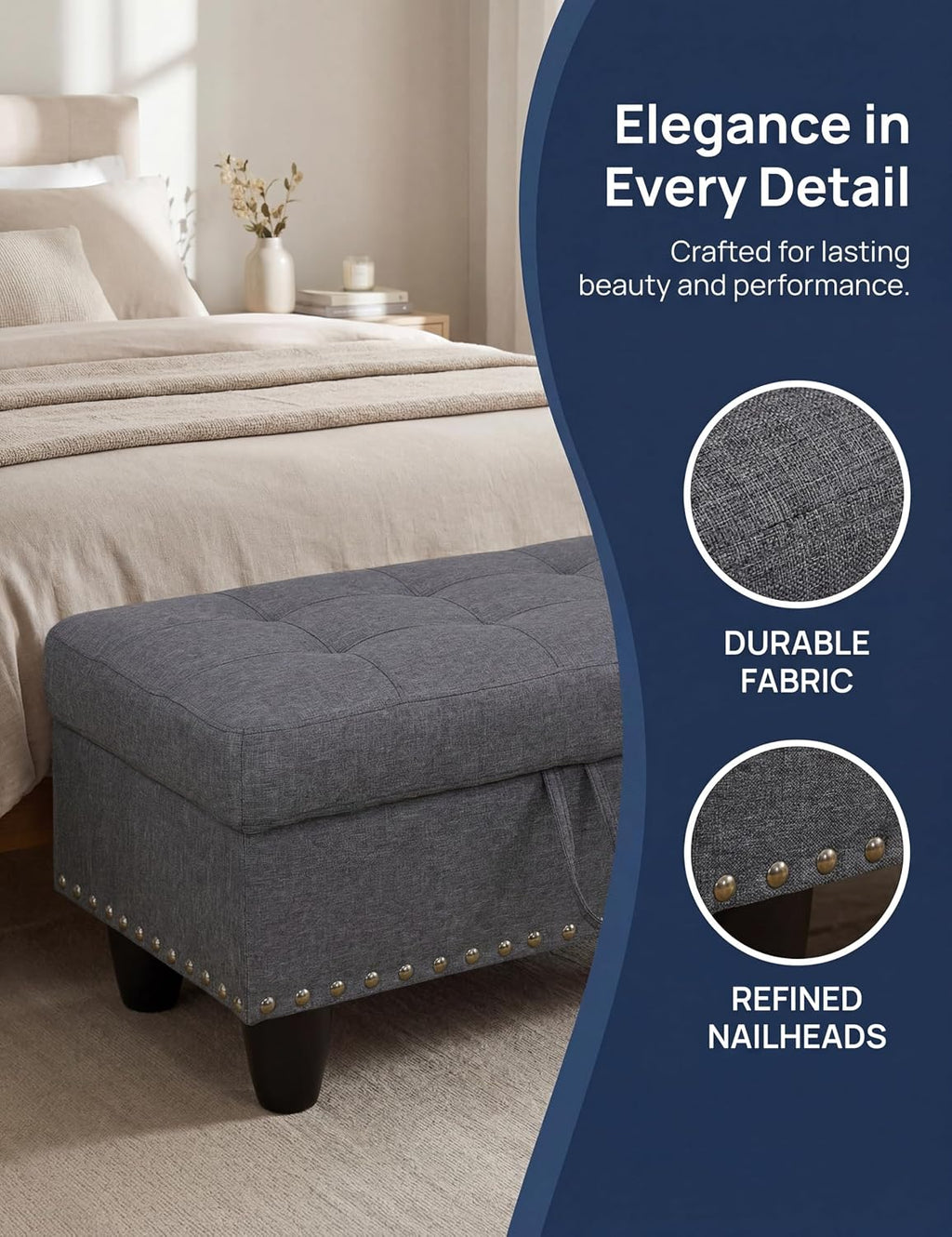 Ottoman with Storage, 28.5 inch Liner Storage Ottoman with Padded Seat, Large Entryway Bench with Solid Wood Frame, Upholstered Sturdy Foot Rest for Living Room, Bedroom, Entryway, Dark Gray