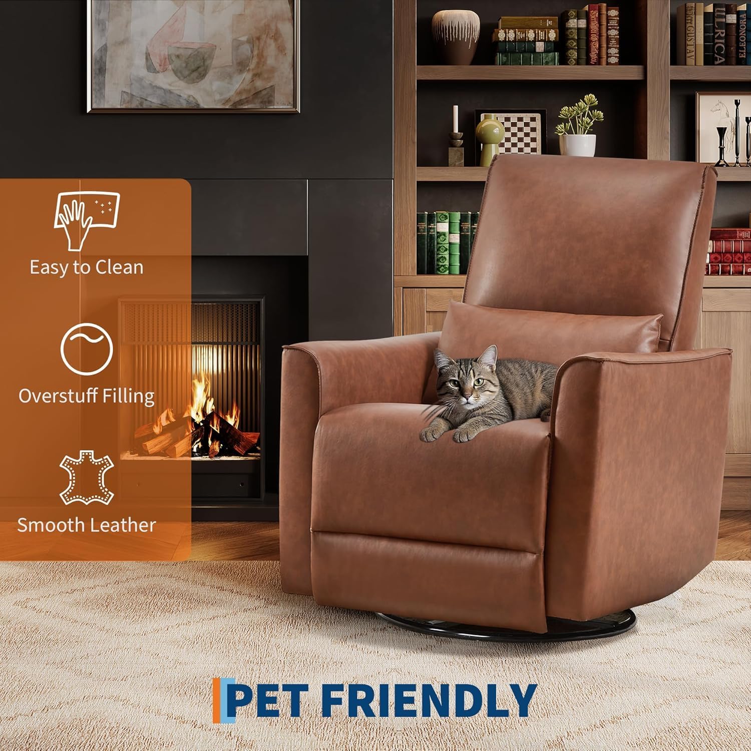 Swivel Rocking Nursery Recliner Chair, Glider Rocker Recliner with High Backrest & Deep Seat, PU Leather Sofa Chair for Nursery, Living Room, Bedroom and Home Theater, Brown