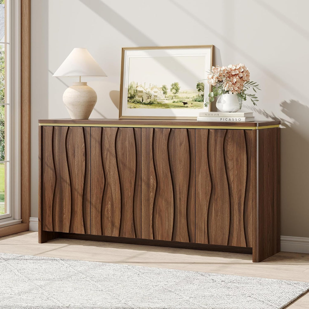 Vabches Fluted Buffet Cabinet with Storage, 3D Ripple Pattern Doors and Curved Edges, Modern Sideboard for Kitchen, Entryway, 4 Doors & Adjustable Shelf, Walnut, 57.9" W