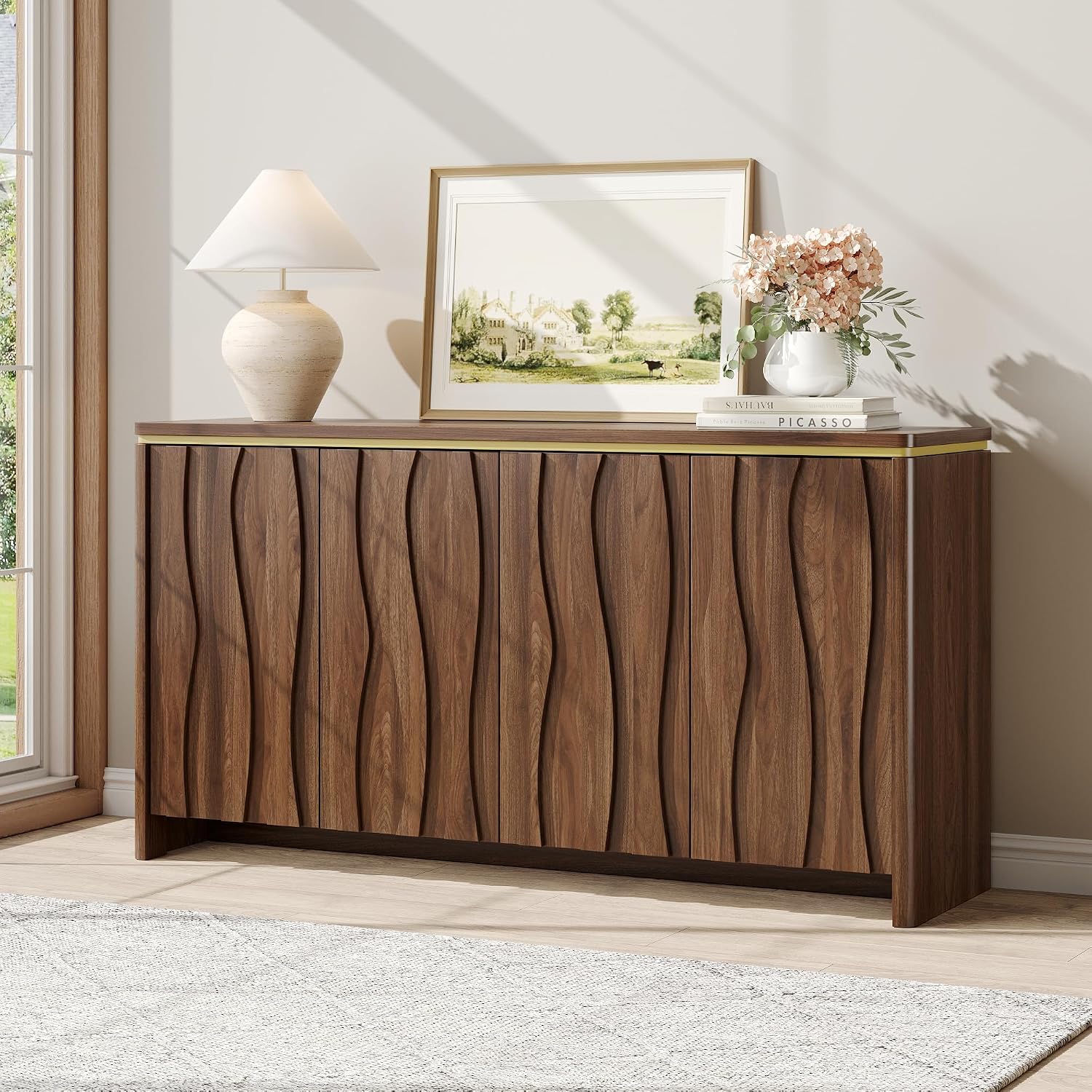 Vabches Fluted Buffet Cabinet with Storage, 3D Ripple Pattern Doors and Curved Edges, Modern Sideboard for Kitchen, Entryway, 4 Doors & Adjustable Shelf, Walnut, 57.9" W