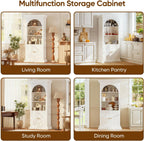 71" Arched Kitchen Pantry Cabinet, Tall Half Open Storage Cabinet with Drawers, Modern Display Hutch for Dining Room, Living Room, White with Gold Handles, 2 of Set