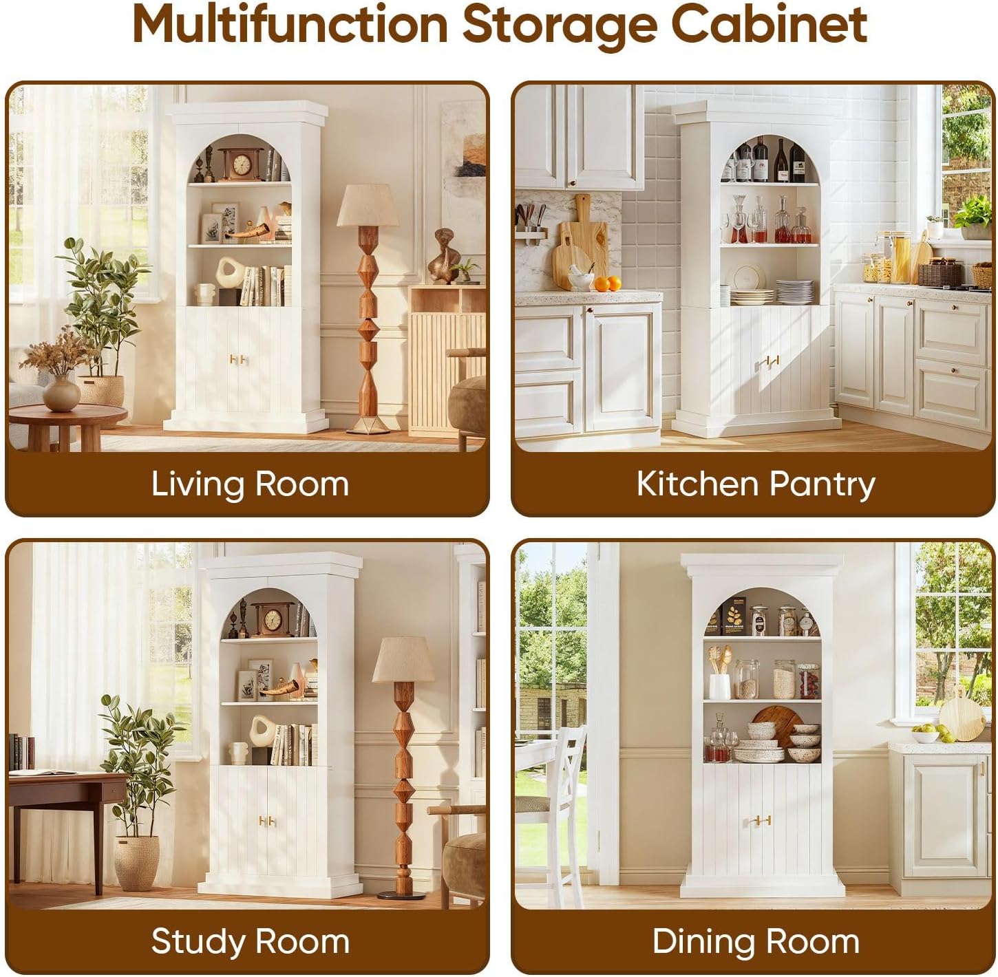 71" Arched Kitchen Pantry Cabinet, Tall Half Open Storage Cabinet with Drawers, Modern Display Hutch for Dining Room, Living Room, White with Gold Handles, 2 of Set
