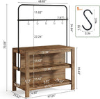 Solid Wood Kitchen Island with Storage, 47-Inch Farmhouse Stationary Island Table with Seating and 5 Hooks, Counter Height Bar Table for Kitchen, Dining Room, Rustic Brown