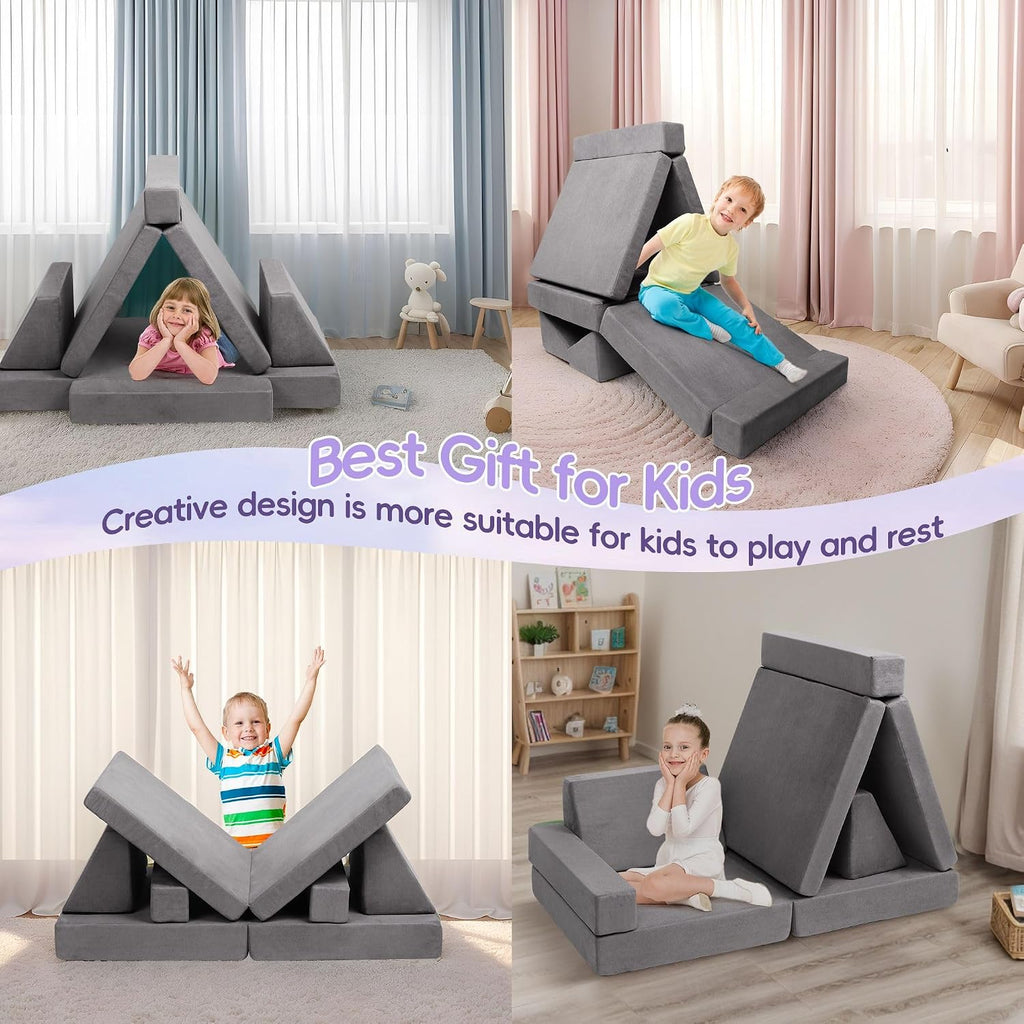 Modular Kids Play Couch, Toddlers Couch Building Set, Children Convertible Play Fort, Kids Sofa for Playroom and Bedroom, Rectangular Armrests