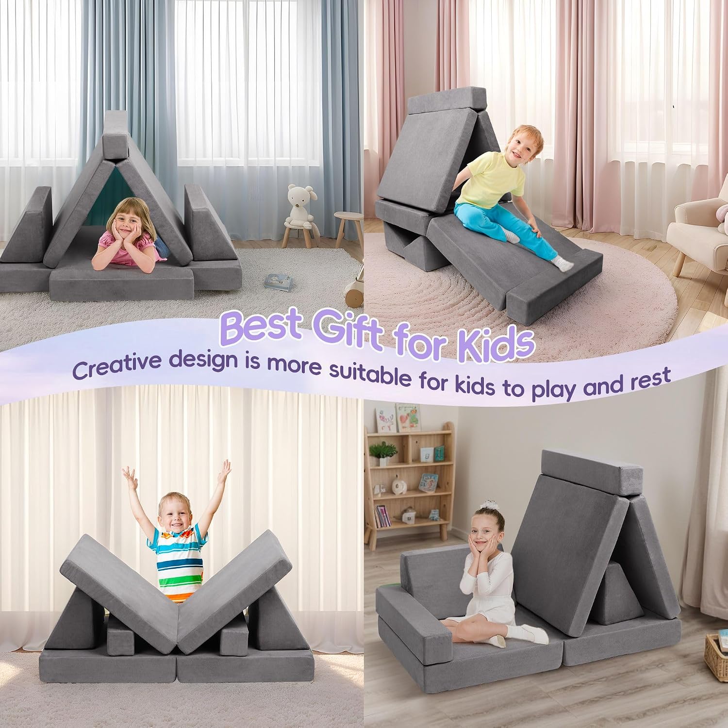Modular Kids Play Couch, Toddlers Couch Building Set, Children Convertible Play Fort, Kids Sofa for Playroom and Bedroom, Rectangular Armrests
