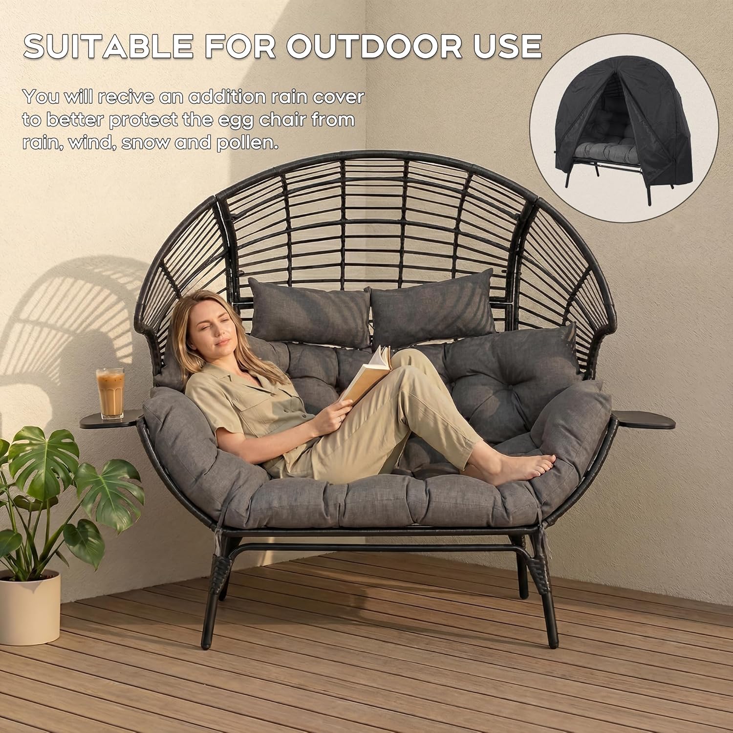 Double Egg Chair with Cup Holder Outdoor Indoor,2 Person Oversized Wicker Lounge Chair with 8” Thicken Cushions & Rain Cover 700lbs for Patio Balcony Porch Living Room