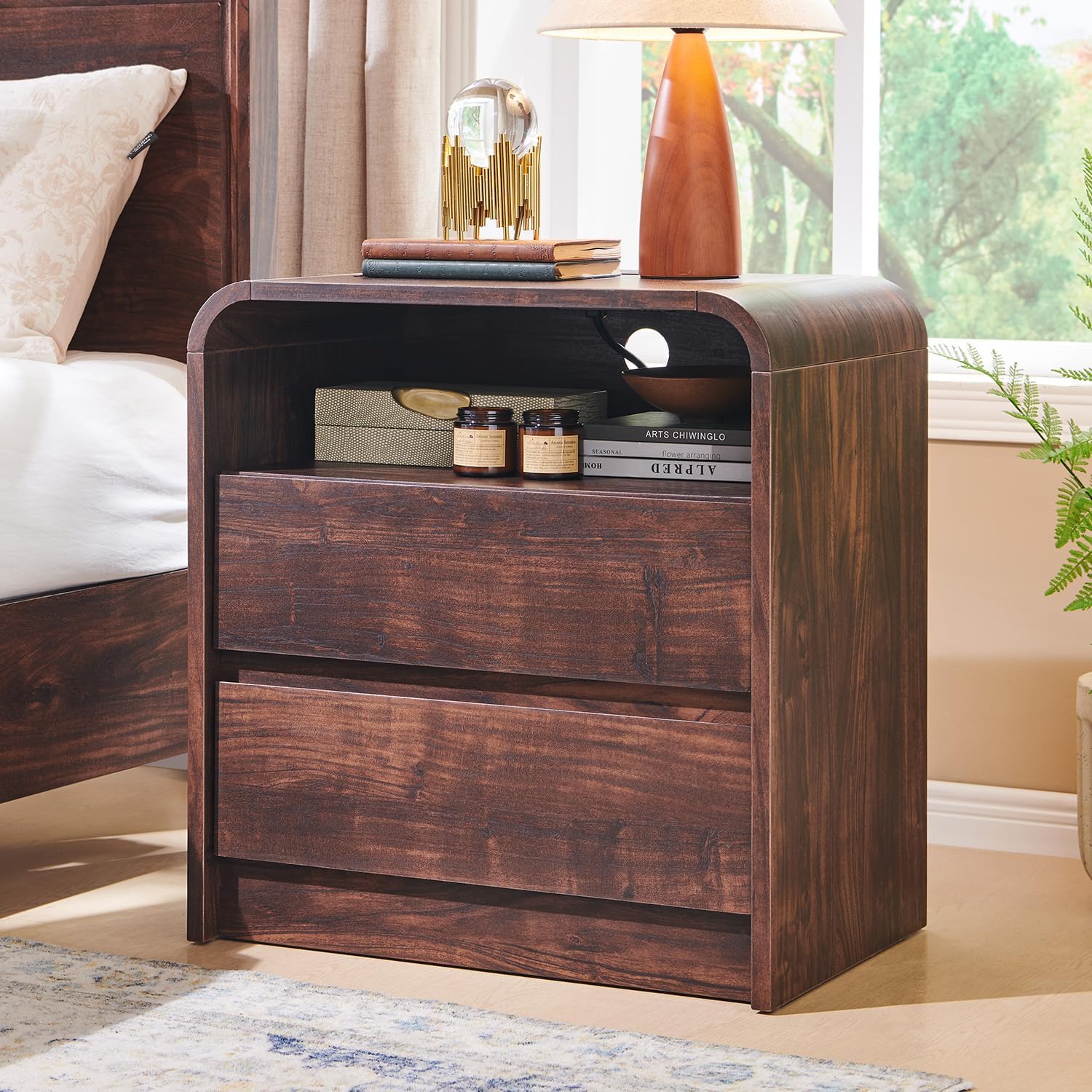 Aitjunz 25" Tall Modern Nightstand with Charging Station, 23.6'' Wide Wood Bedside Table w/2 Storage Drawers, Large Mid Century End Table for Bedroom, Living Room, Curved Profile Design, Brown