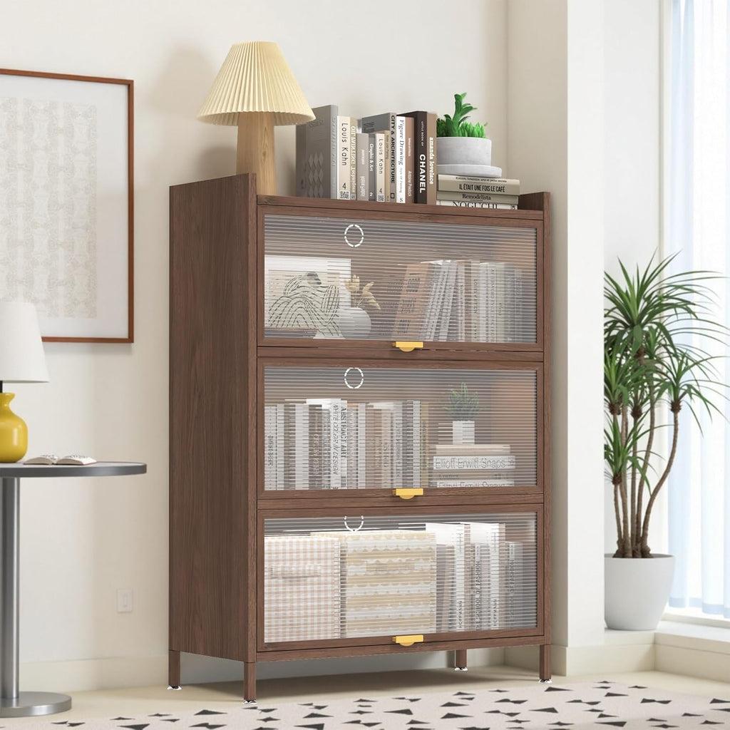 44'' Tall Metal Kitchen Storage Cabinet with 3 Flip-up Doors, Freestanding Pantry Cabinet with Adjustable Feet, 4-Tier Microwave Stand with Storage Rack for Kitchen Dining Living Room (4-Tier, Walnut)