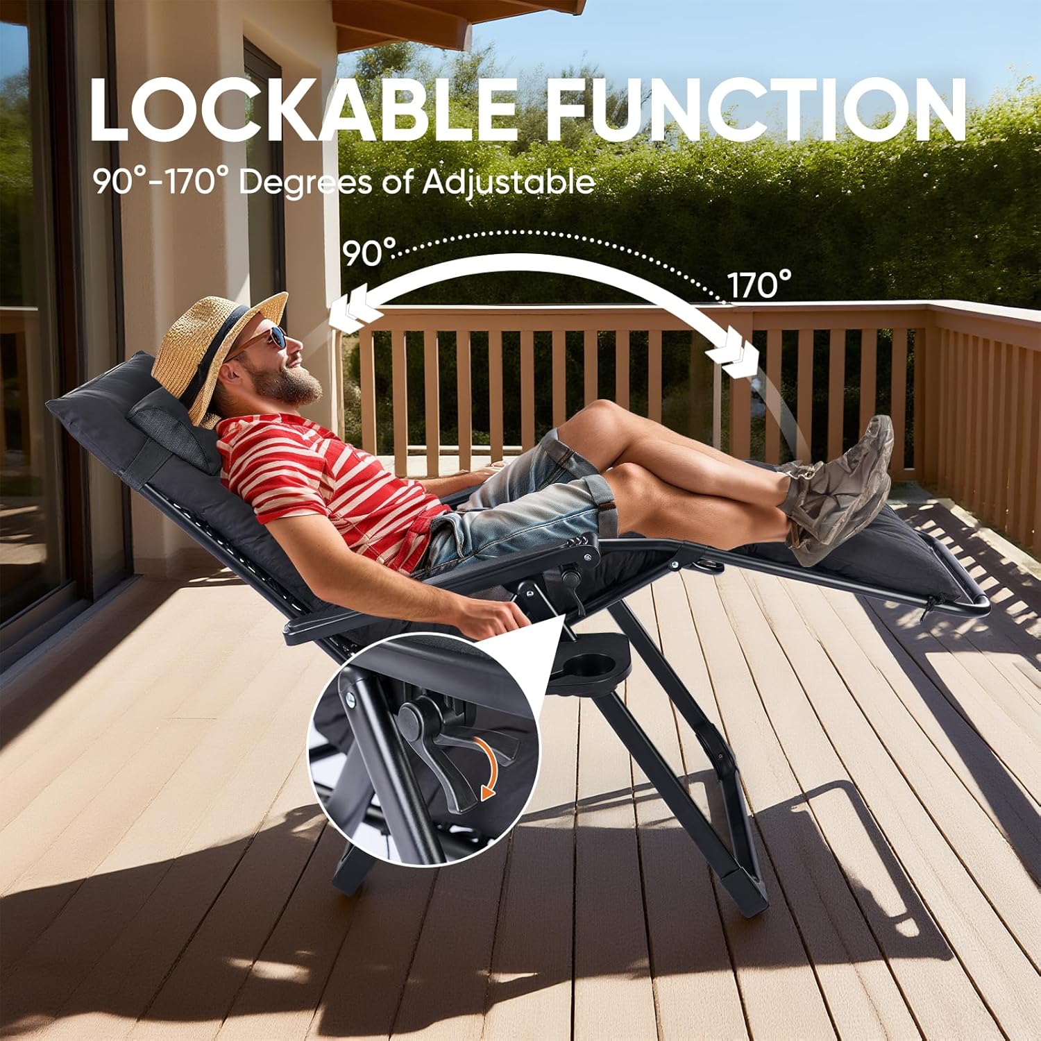 DUMOS Set of 2 Zero Gravity Chair, Reclining Camping Lounge Chair for Outdoor, Reclining Patio Chairs with Cup Holder Trays and Removable Cushion, Folding Recliner for Indoor, Black