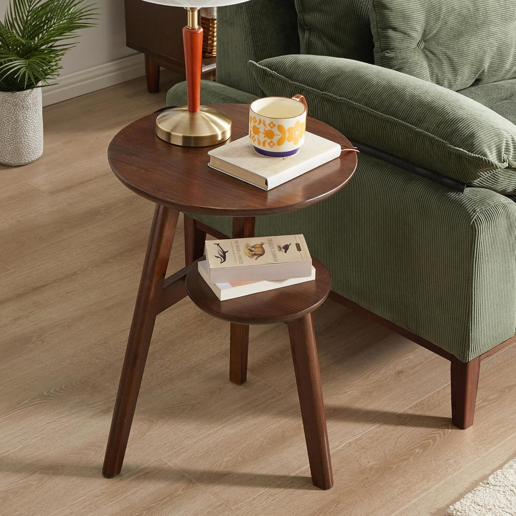 Side Table, Solid Wood 2-Tier Round End Table with Lower Storage Shelf, Small Nightstand for Living Room Bedroom, Modern Couch Coffee Tables